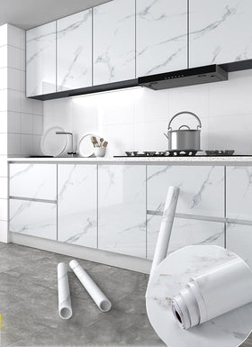 HELLKIT marble wallpaper application on a countertop for quick renovation