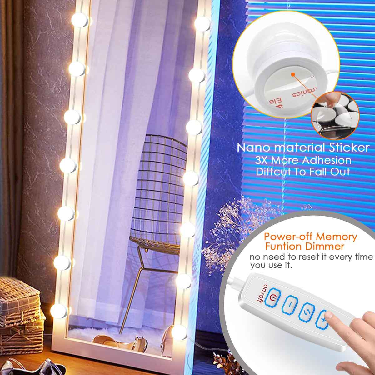 HELOIE adjustable color temperature mirrors natural lighting for day-to-night makeup sessions.