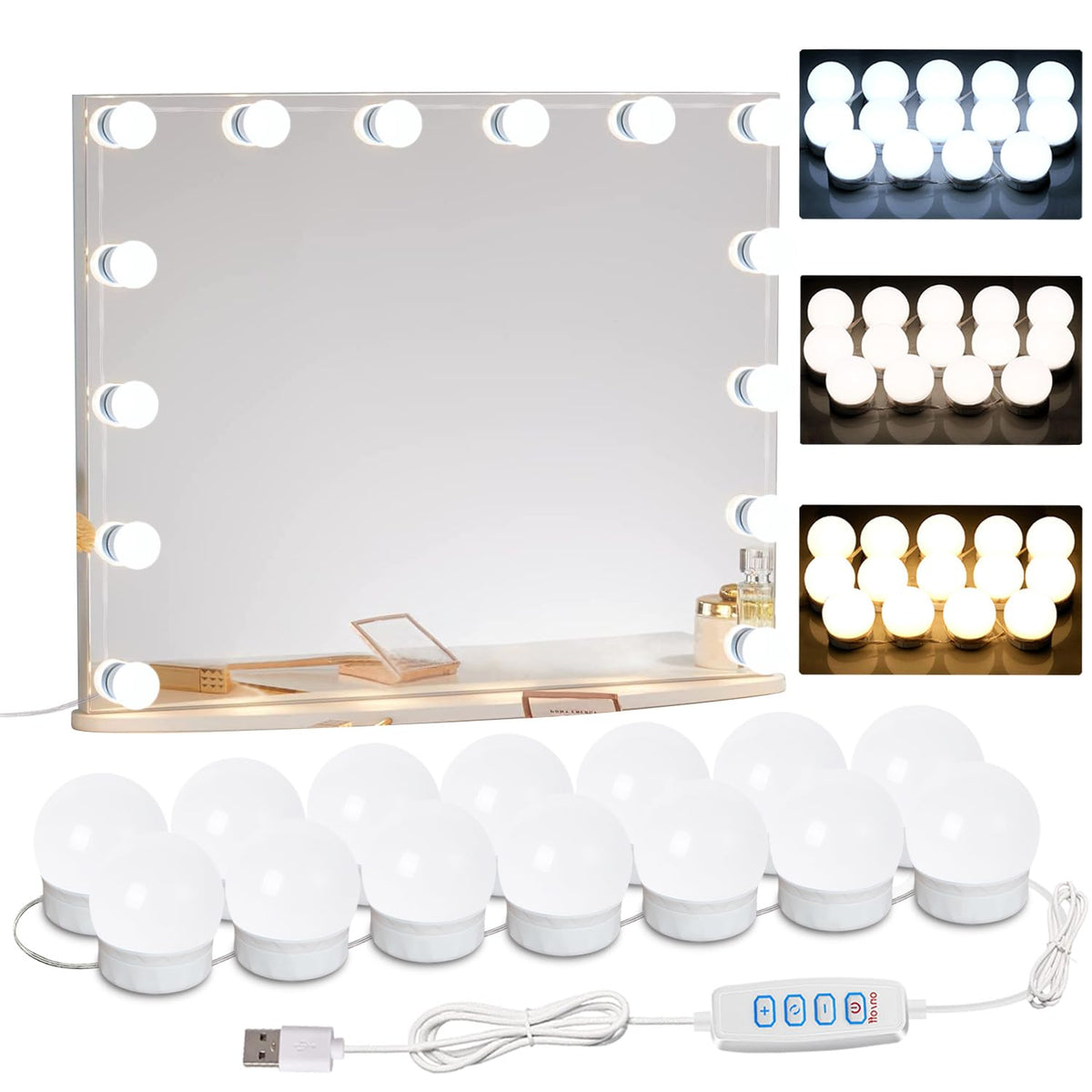 HELOIE LED vanity lights with 14 bulbs evenly illuminate makeup areas for precise grooming.