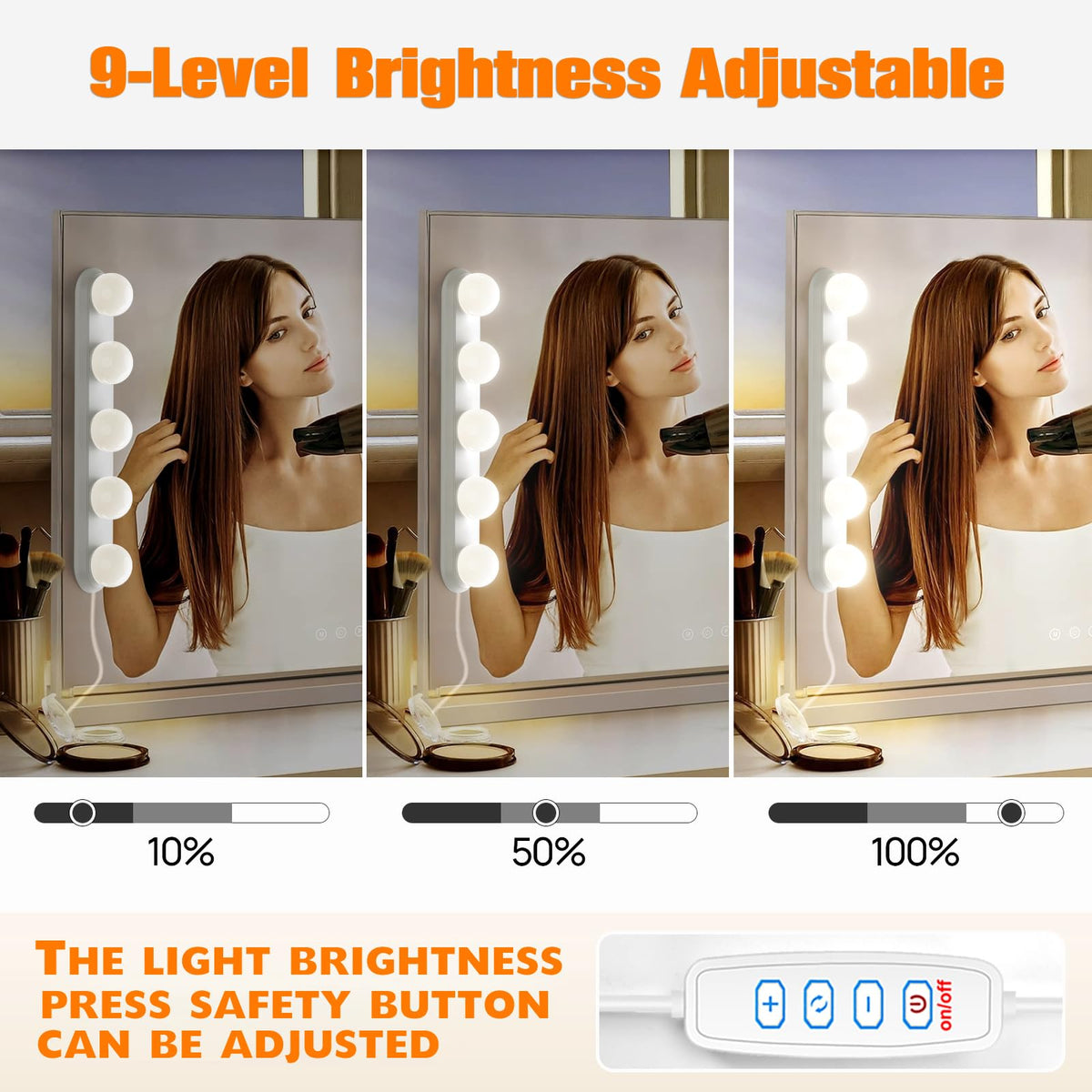 HELOIE vanity light with dimmable brightness for customizable tasks.