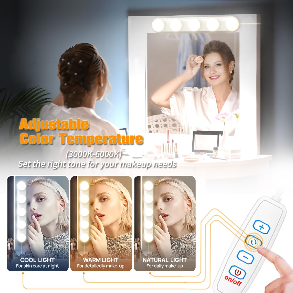HELOIE portable LED vanity light mounted on a mirror for travel use.