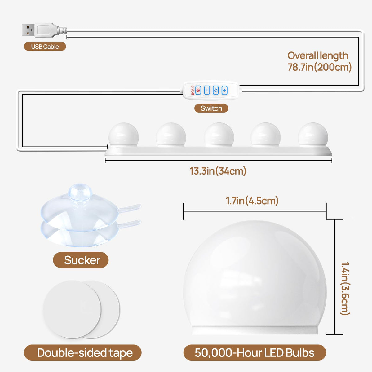 HELOIE USB cable enables flexible placement for vanity lighting.