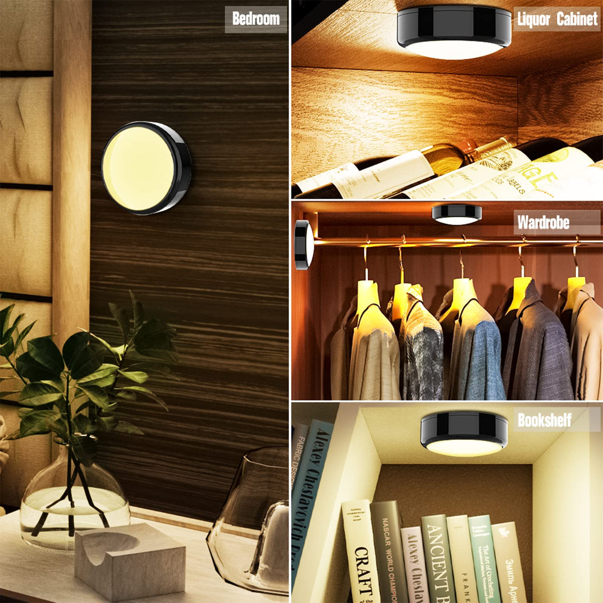 HELPLEX puck light installed under cabinet with 3M adhesive