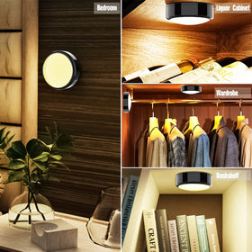 HELPLEX puck light installed under cabinet with 3M adhesive