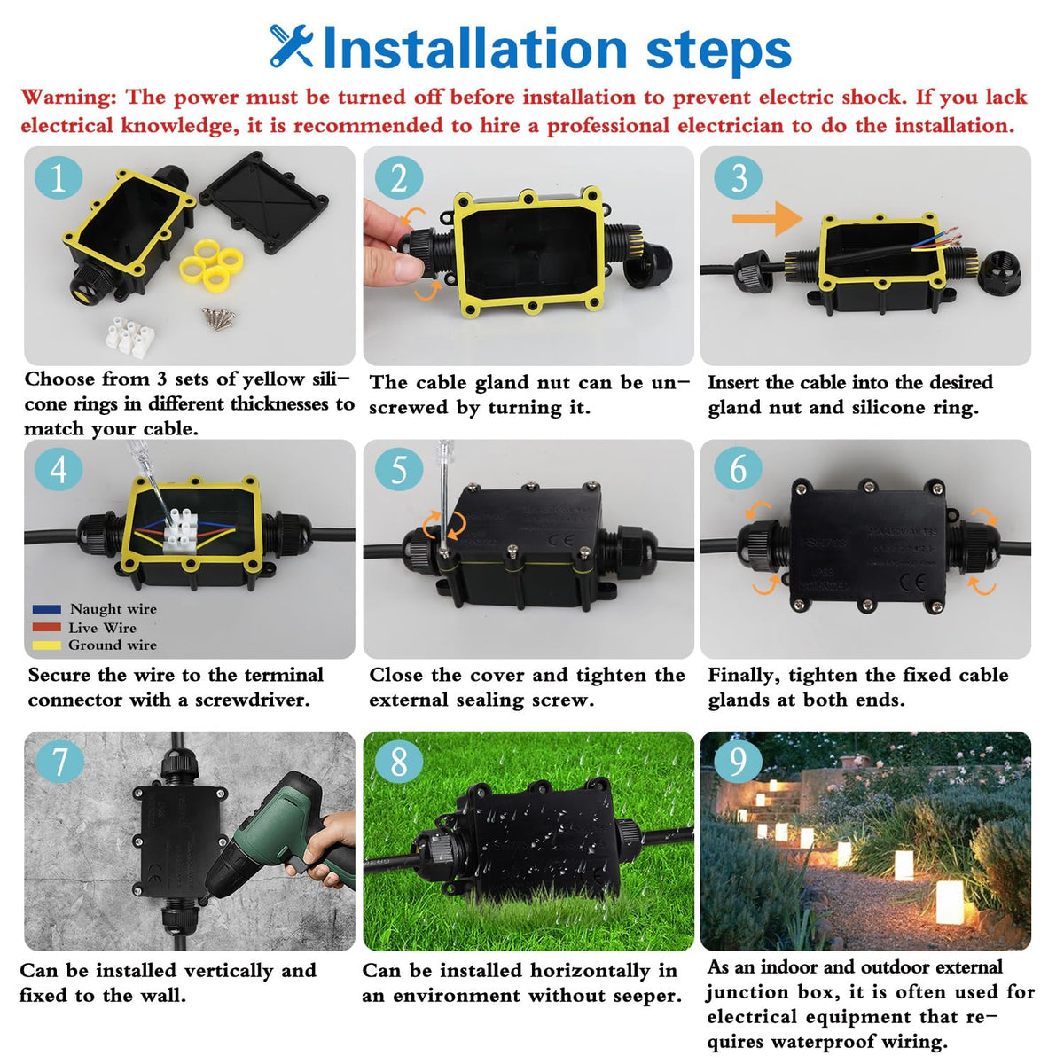 Helunsi box with three screw terminal connectors simplifies wiring.