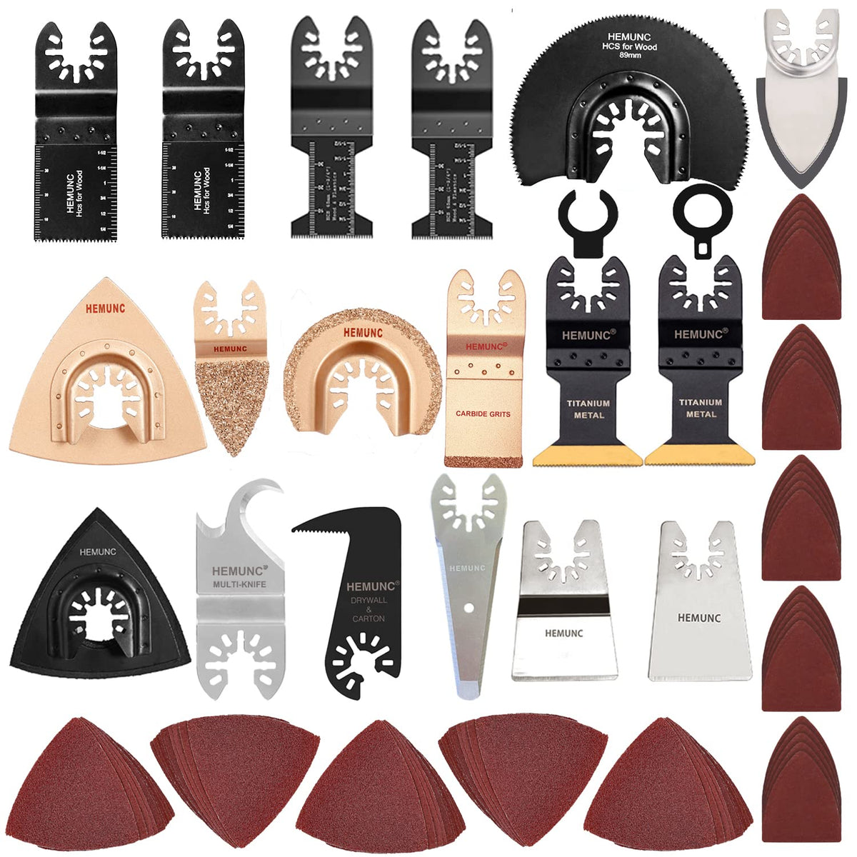 HEMUNC 118pc oscillating tool blades set for versatile cutting and sanding tasks.