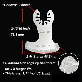 HEMUNC flat-side swing diamond blade reaches tight corners for precise cuts.