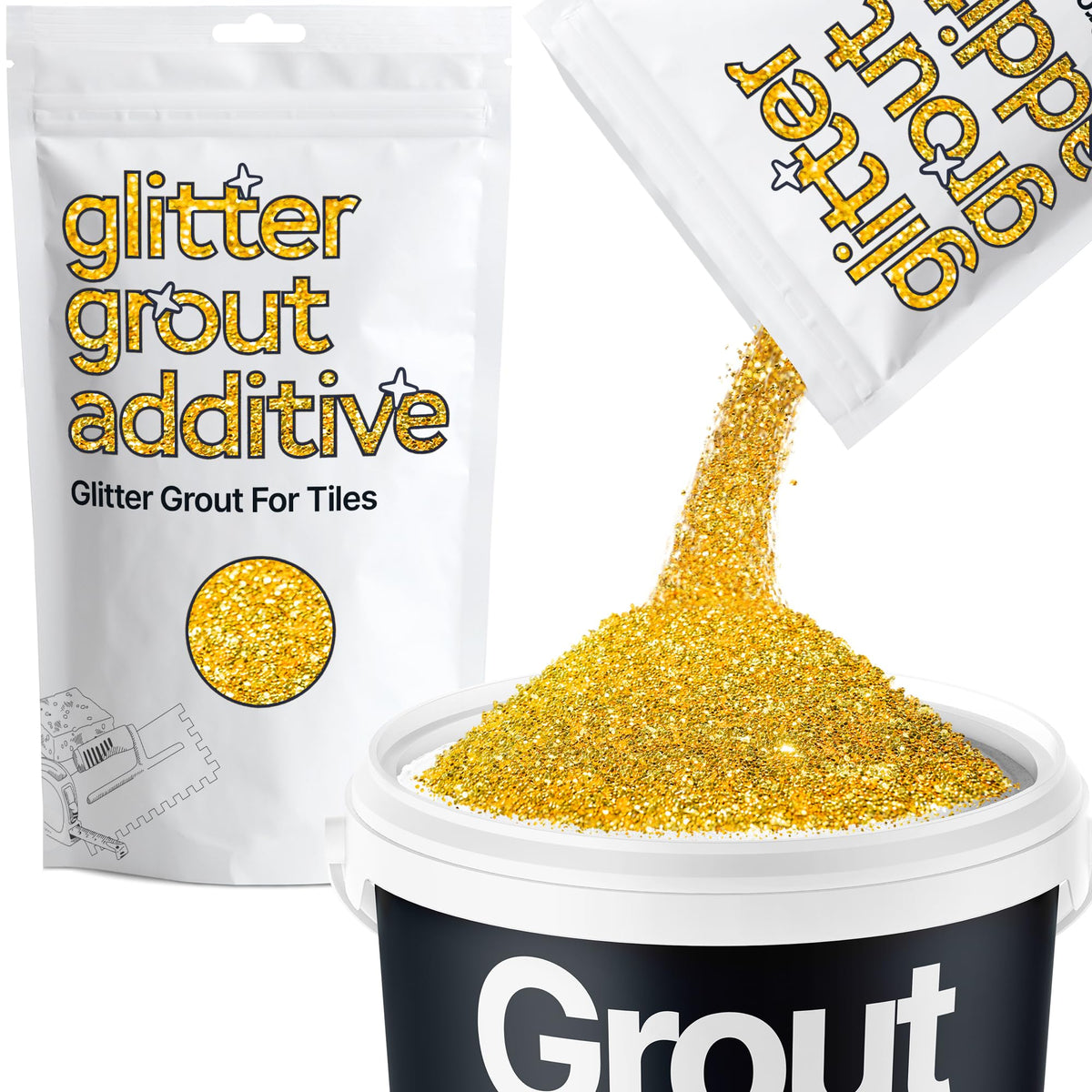 Hemway Gold Glitter Grout Additive close-up showing gold flakes for tile sparkle