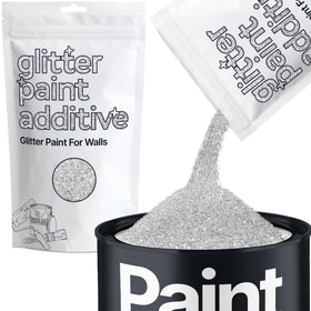 Hemway Silver Glitter Paint Additive bottle pour creates a shimmering finish on walls