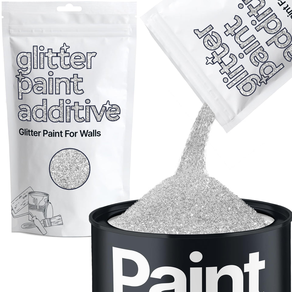 Hemway Silver Glitter Paint Additive bottle pour creates a shimmering finish on walls