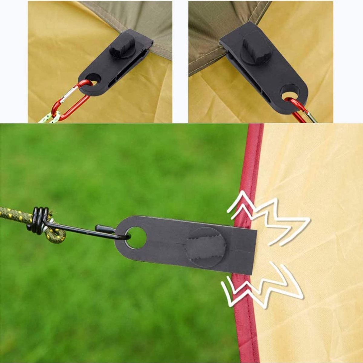 HengLiSam tarp clip used with bungee cords for fast tie-downs.