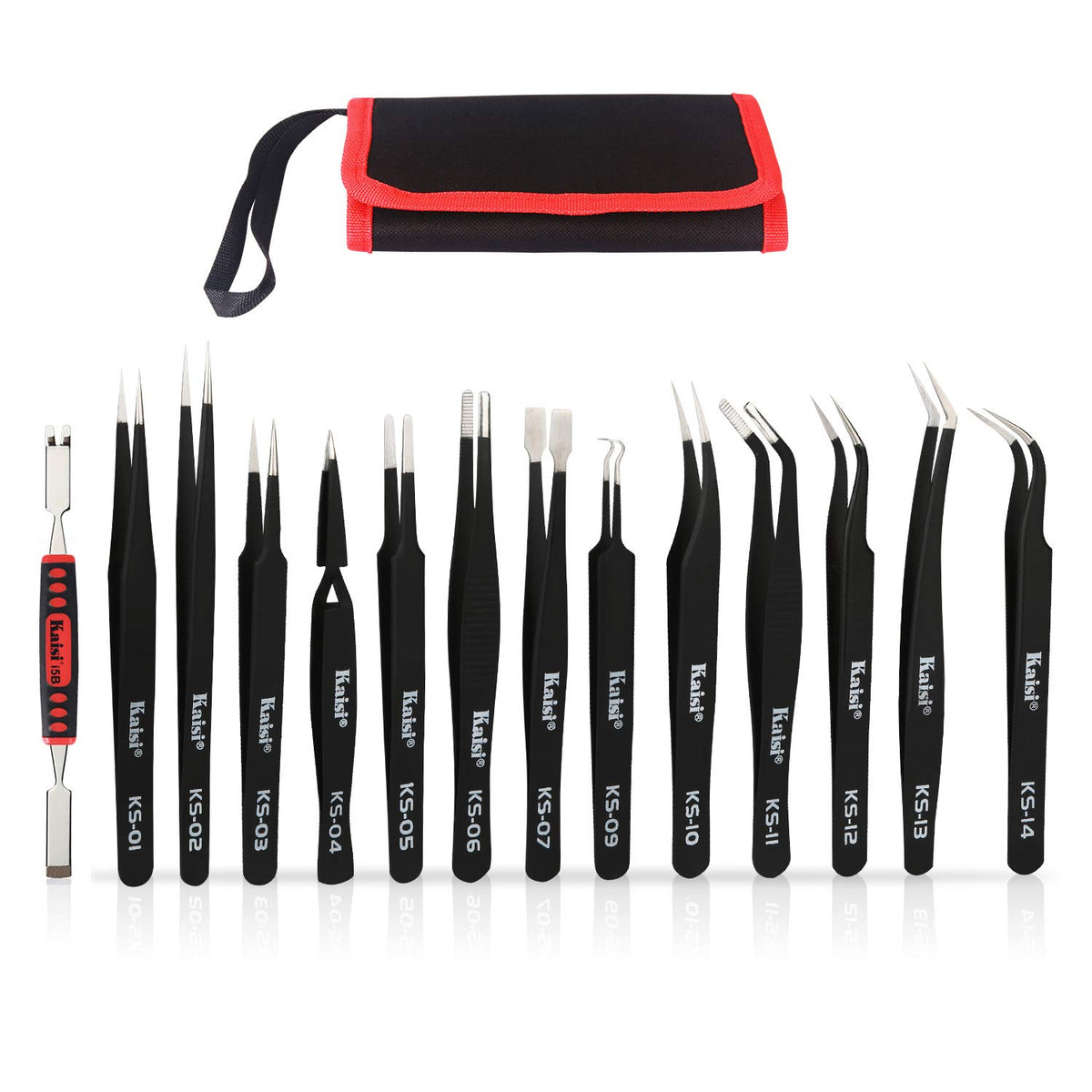 HengTianMei Kaisi 13pcs tweezers set laid out for delicate electronics tasks