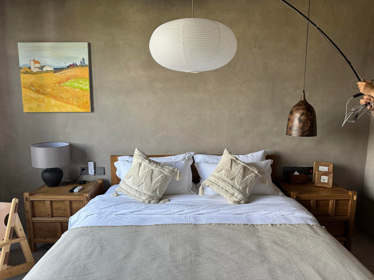 Henjjras white lantern shade in bedroom corner, soft light for cozy nights.