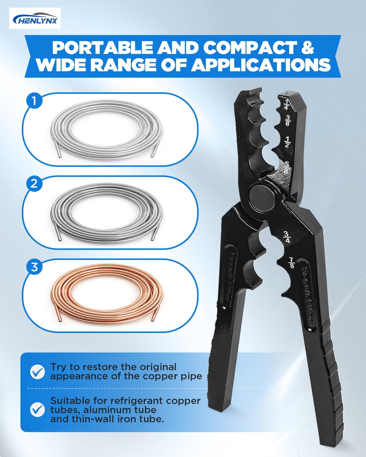 HENLYNX manual copper tube rounder jaws closeup shows uniform pressure for round ends.