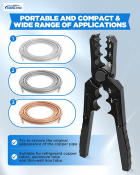 HENLYNX manual copper tube rounder jaws closeup shows uniform pressure for round ends.