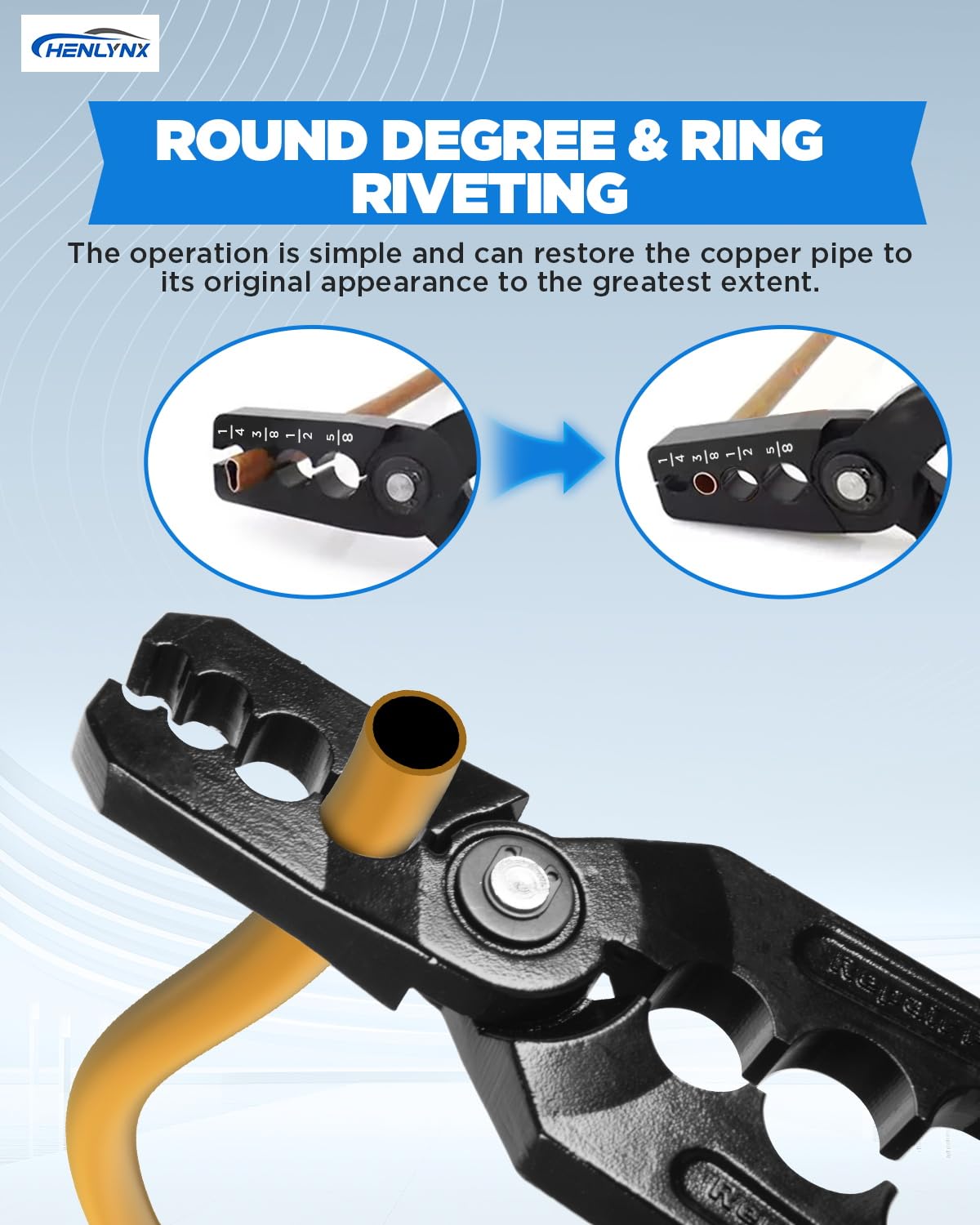 HENLYNX manual copper tube rounder in use in tight spaces enables precise repairs.