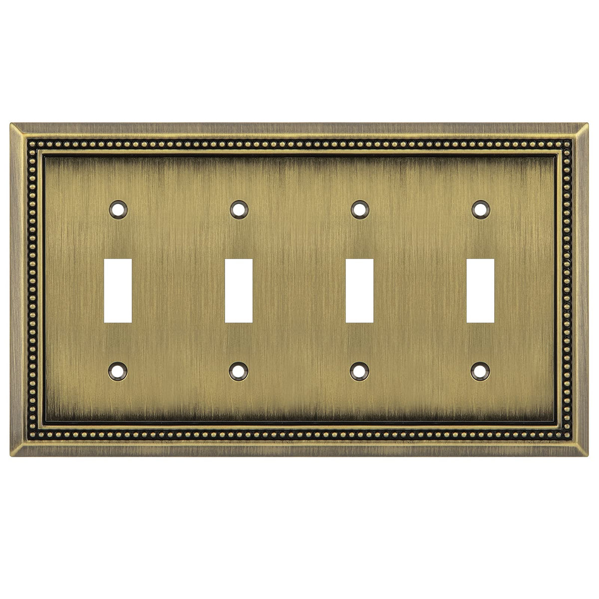 Henne Bery Sunken Pearls quad-toggle wall plate in antique brass adds durable decorative hardware.