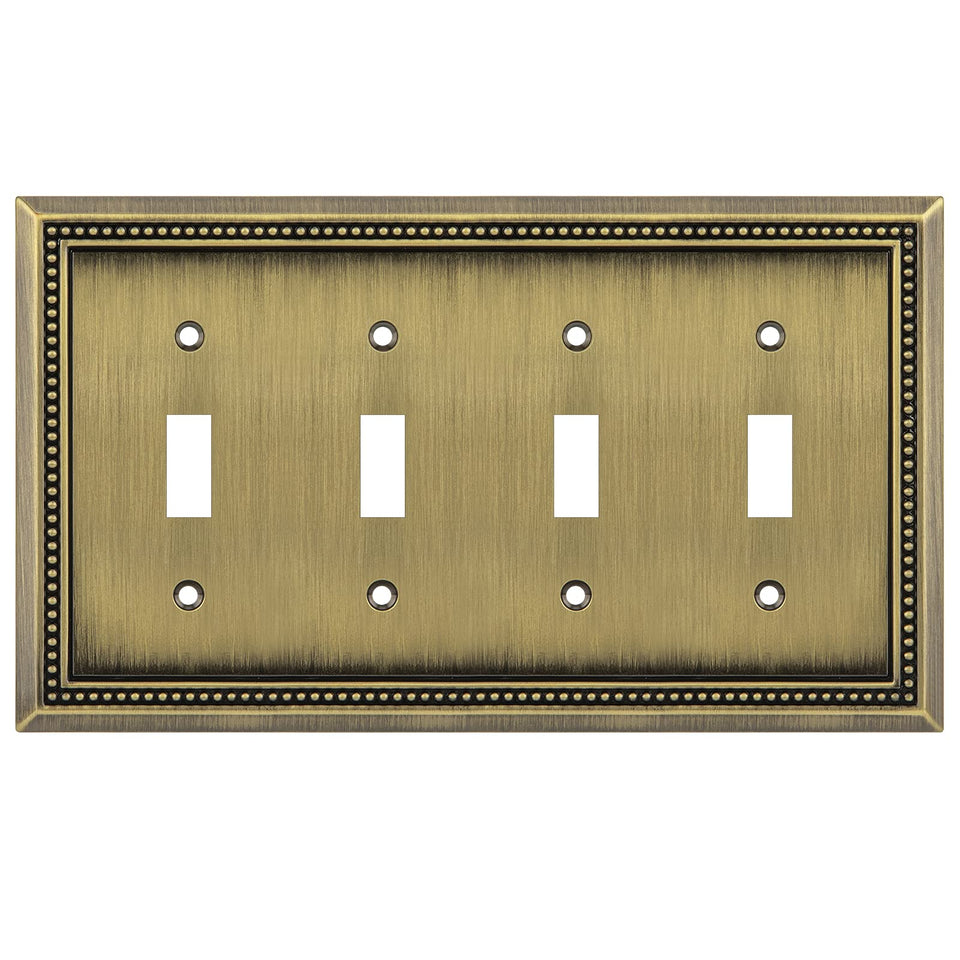 Henne Bery Sunken Pearls quad-toggle wall plate in antique brass adds durable decorative hardware.