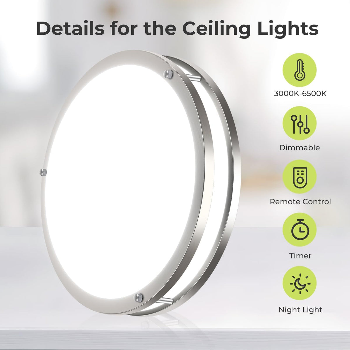 Hepside 10-inch brushed nickel ceiling light for a sleek kitchen or bathroom.