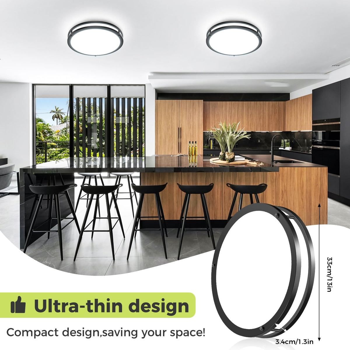 hepside 13-inch flush mount bathroom use shown in moisture-prone space.