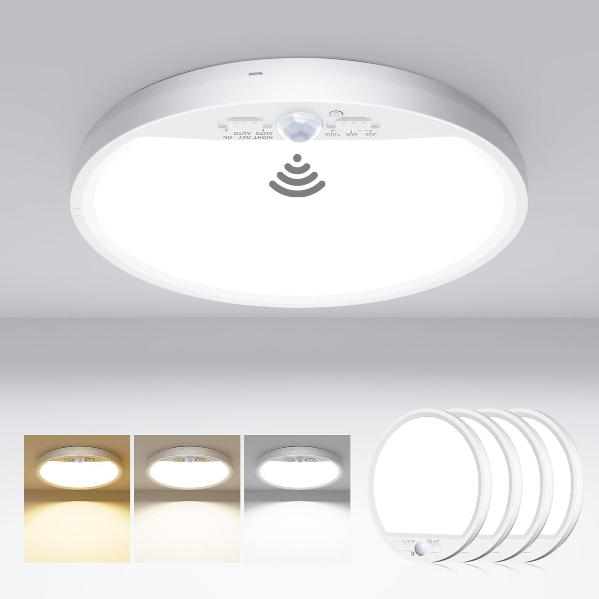 Hepside 4-pack motion sensor ceiling light, front view, 7-inch flush mount for hallways.