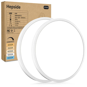 hepside LED flush mount 12in packaging highlights quick and easy setup.