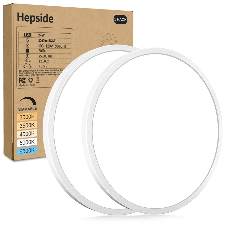 hepside LED flush mount 12in packaging highlights quick and easy setup.
