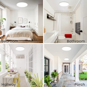 Low profile ceiling light blending with ceilings in various rooms