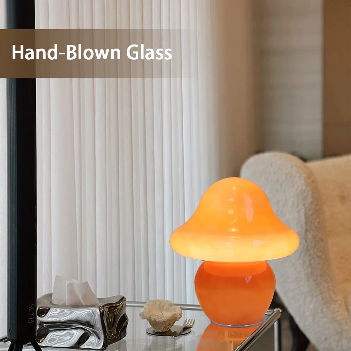 HEQET mushroom lamp enhances living room ambiance with warm, inviting glow.