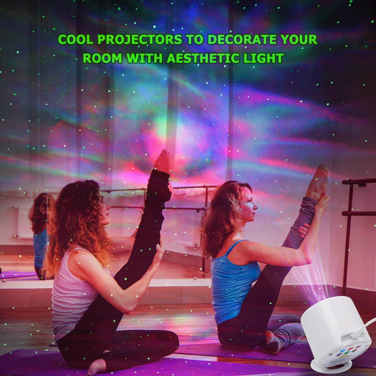 HERHOTER projector enhances bedroom ambiance with calming aurora lighting.