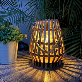 HERJIATK solar hanging lantern with bamboo pattern offers warm outdoor ambience.