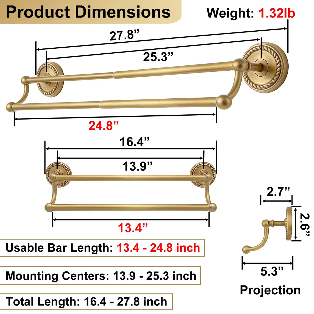 HERMARM antique gold finish towel bar detail with vintage appeal.