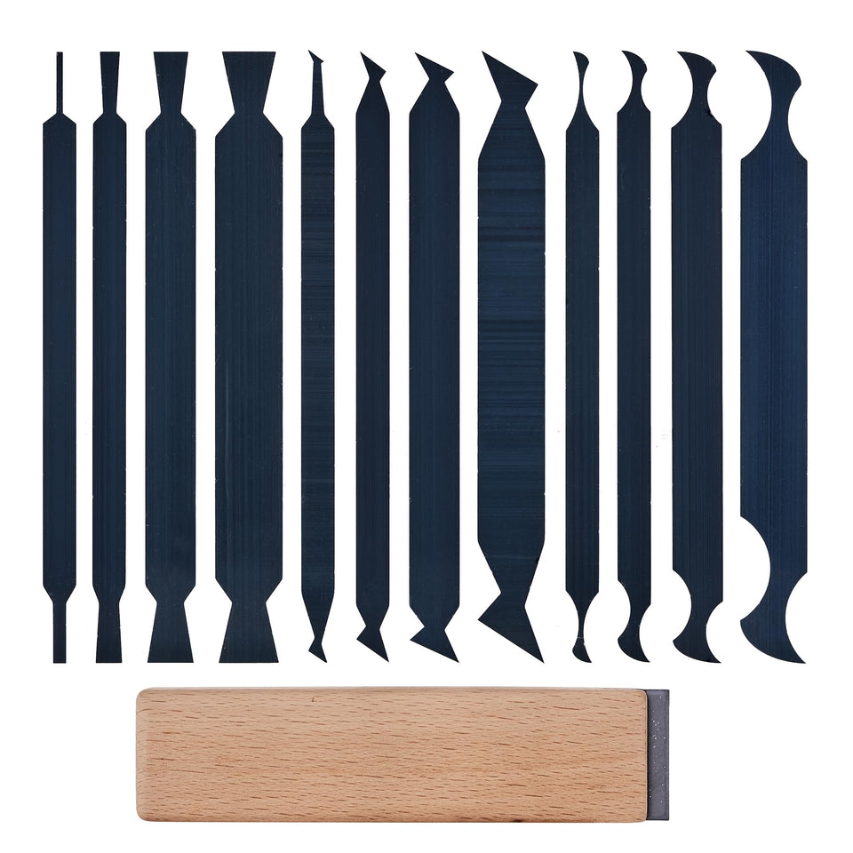 HERMIT TOOLS cabinet-scraper-set-12-shapes enables precise finishing in tight spaces.