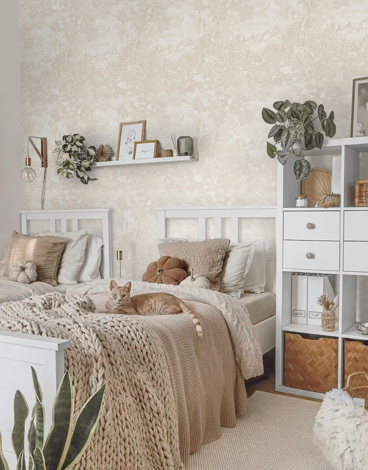 Heroad wallpaper on drawers and countertops with woodland detail.