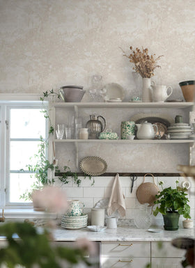 Heroad wallpaper applied on wall and cabinets for cohesive decor.