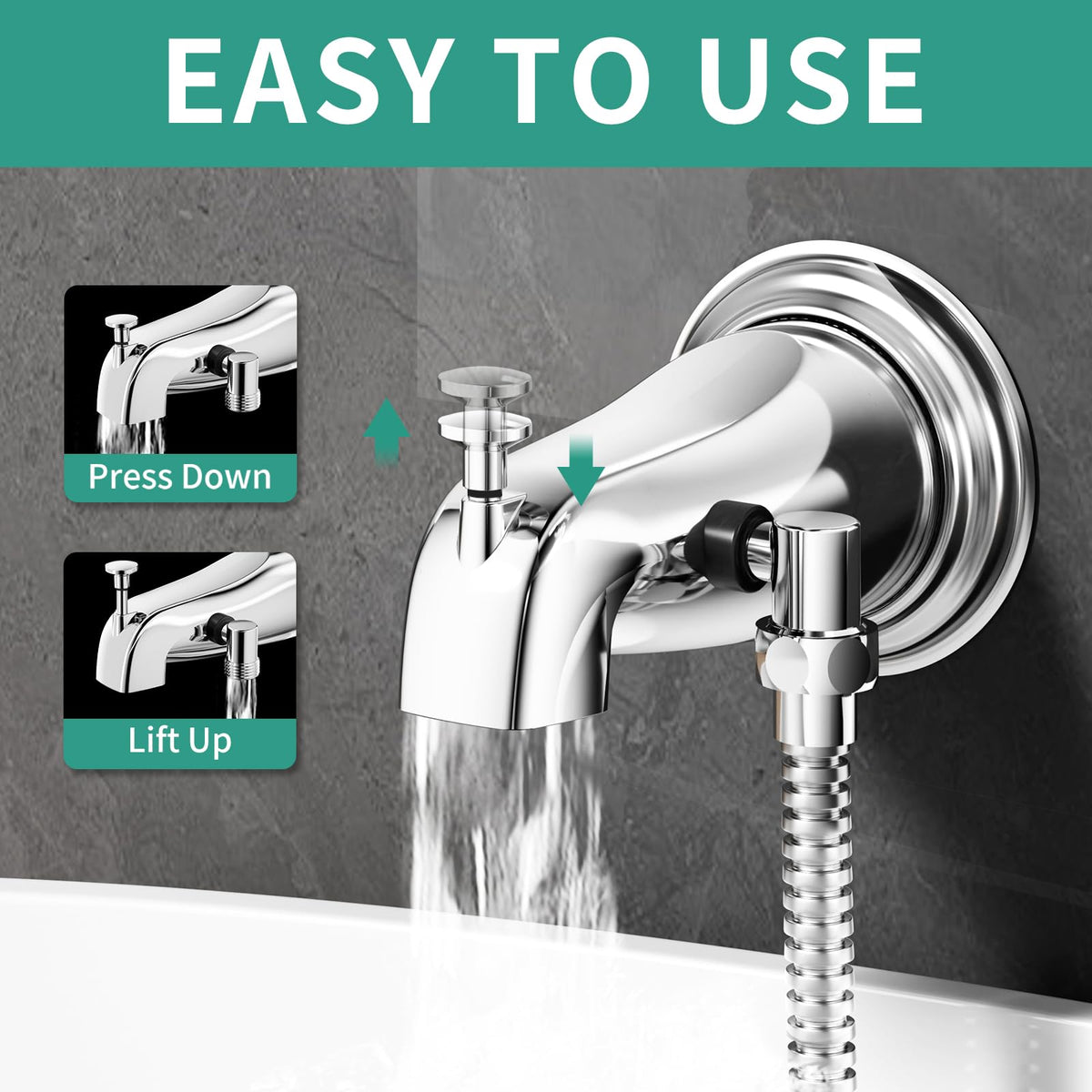 HEROBAI bathtub spout with diverter chrome demonstrating quick water switching.