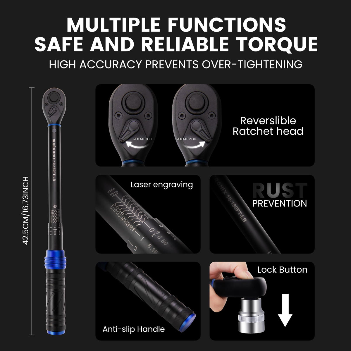 HERONIX 72-tooth ratchet torque wrench designed for tight spaces