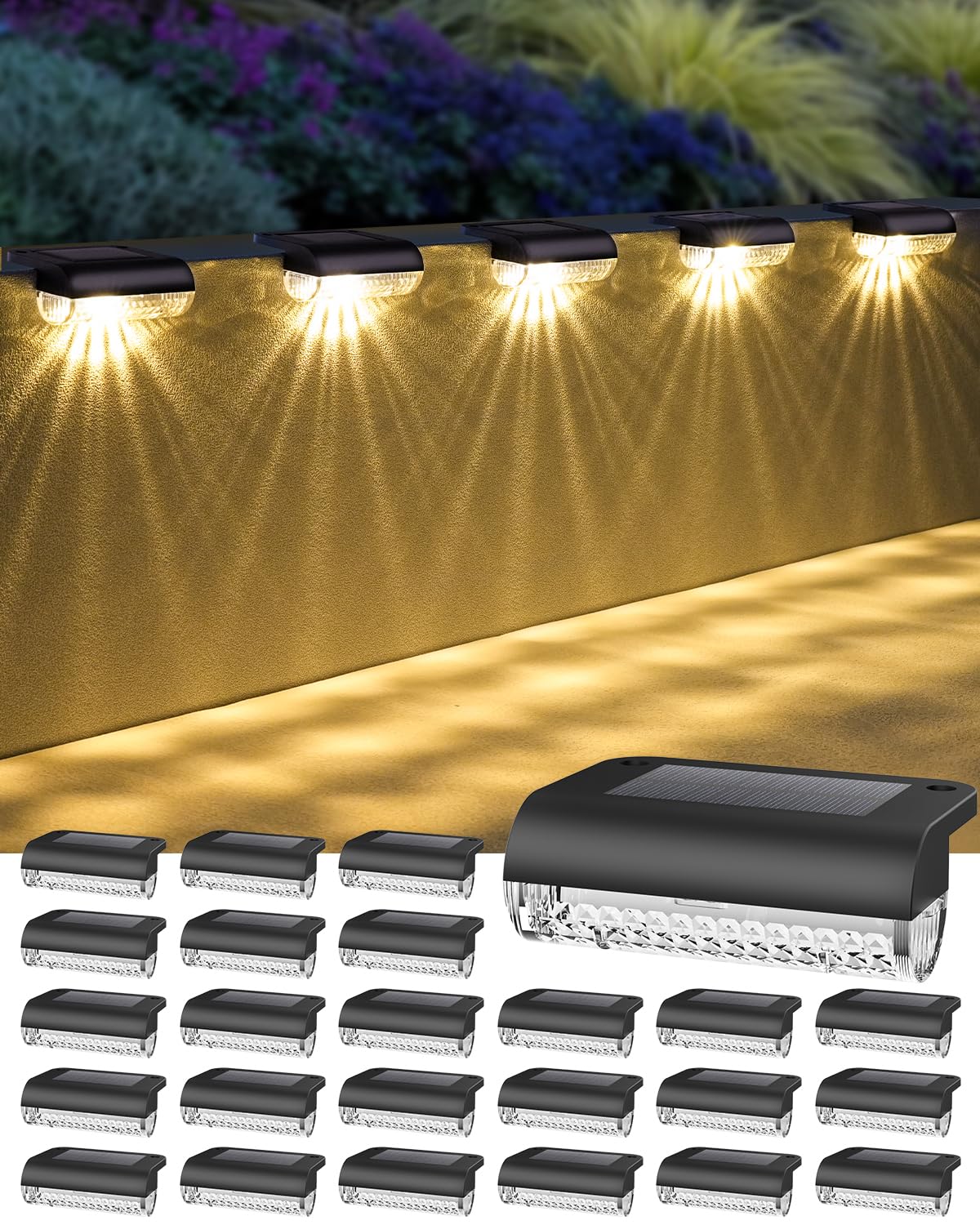 Herzila solar step light 24-pack illuminating deck stairs for even nighttime visibility