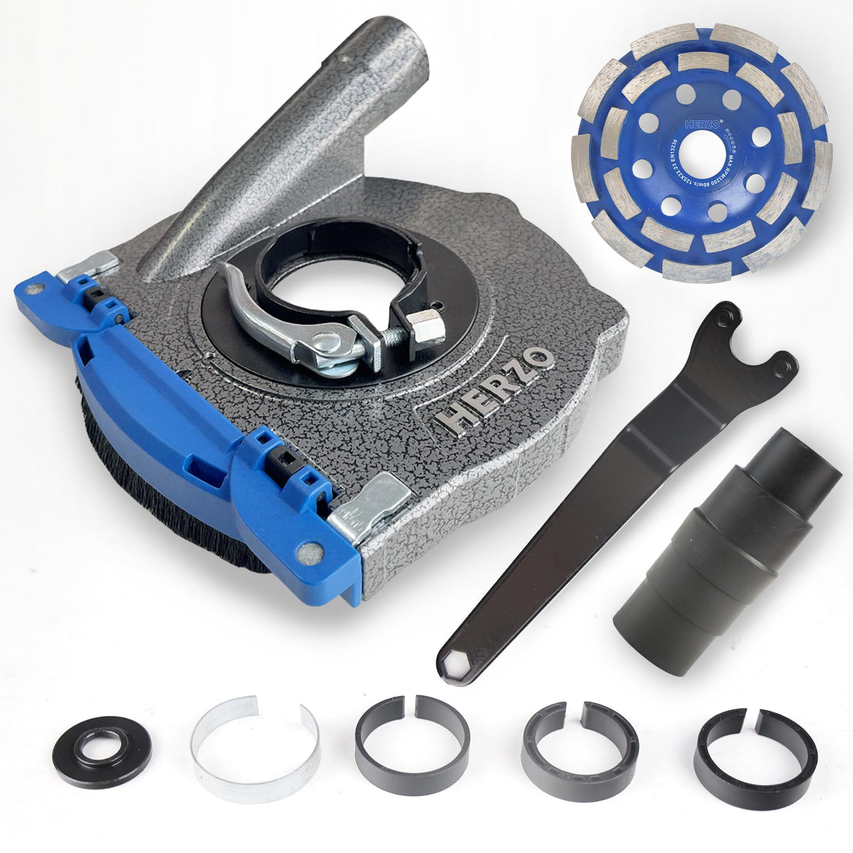 HERZO dust shroud on a grinder front view showing universal fit.