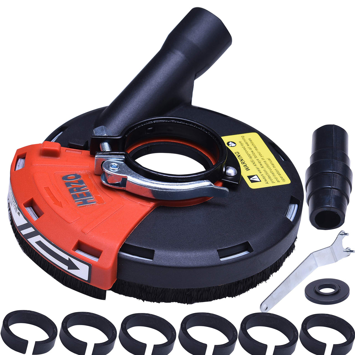 HERZO universal dust shroud for 7-inch grinders reduces dust during grinding.