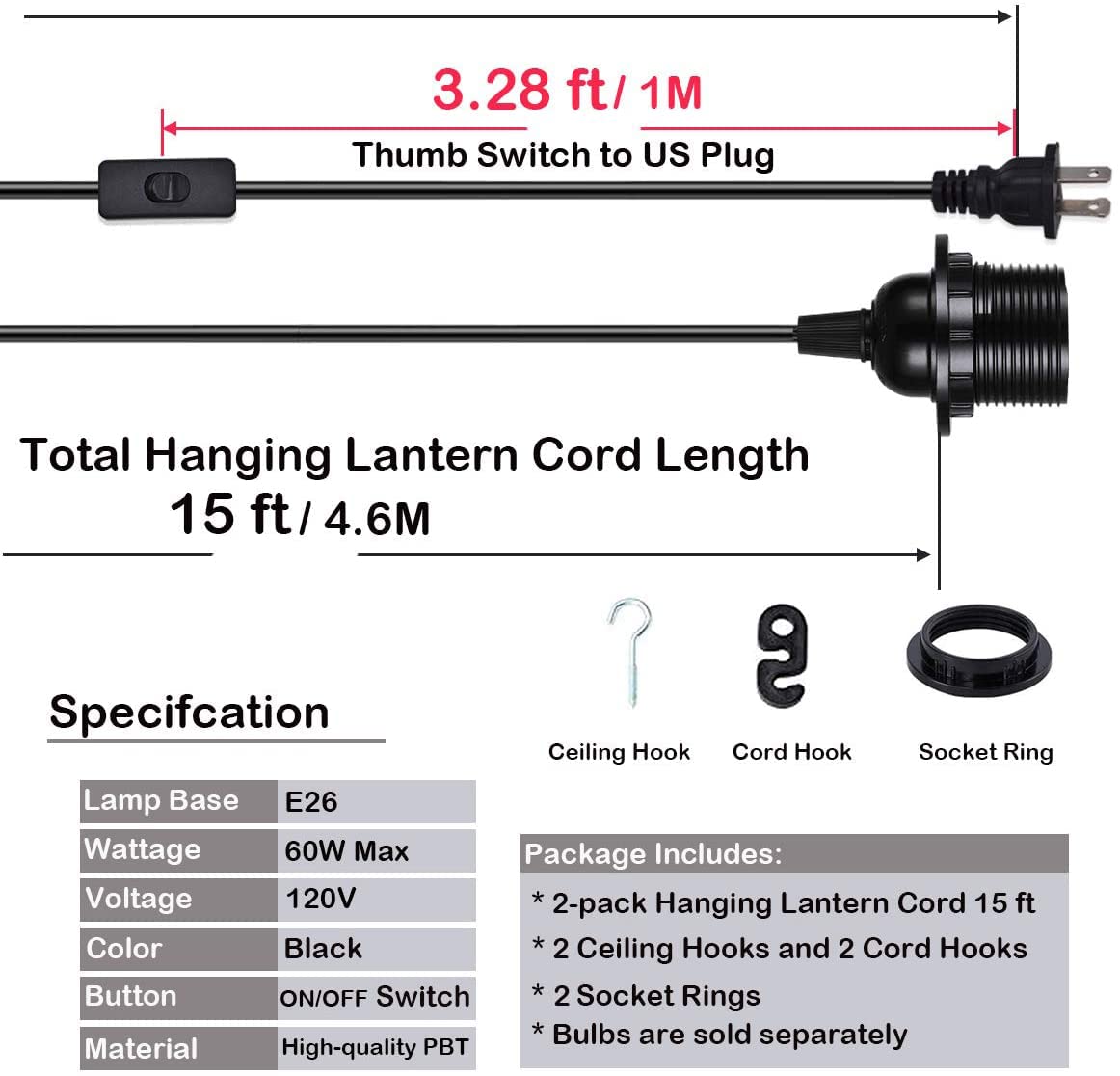 HESSION extendable hanging lantern cord with E26 socket for flexible DIY setups