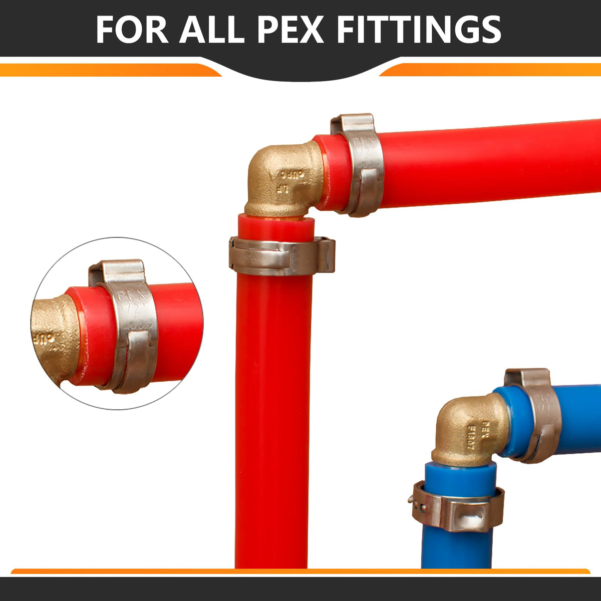 HeSun 100-pack 1/2 inch PEX clamp rings ready for DIY and pro use.