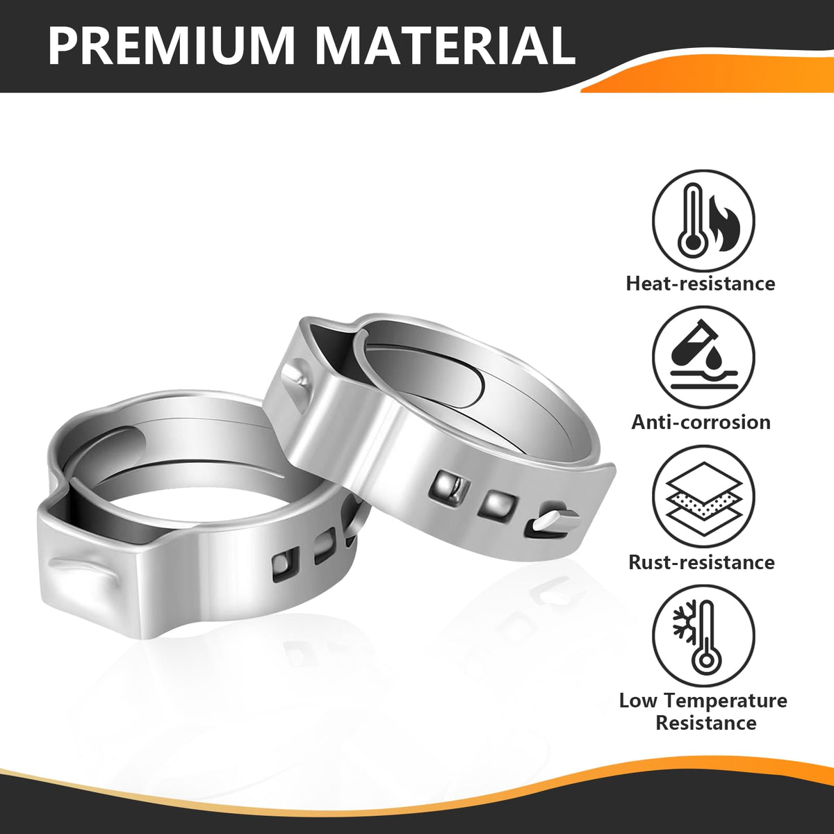HeSun 304 stainless steel PEX ring closeup emphasizes corrosion resistance.