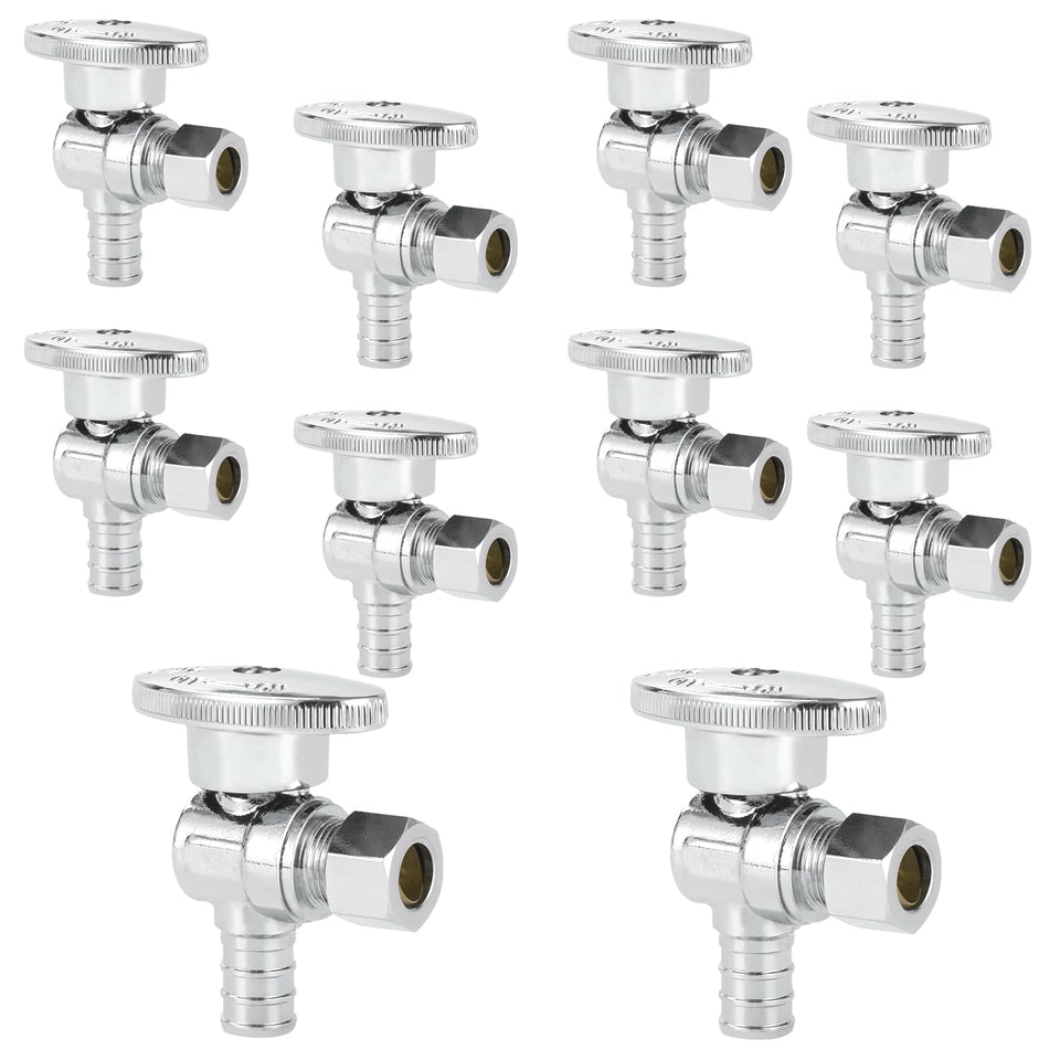 HeSun PEX angle stop valve with 1/2-inch PEX inlet and 3/8-inch compression outlet.
