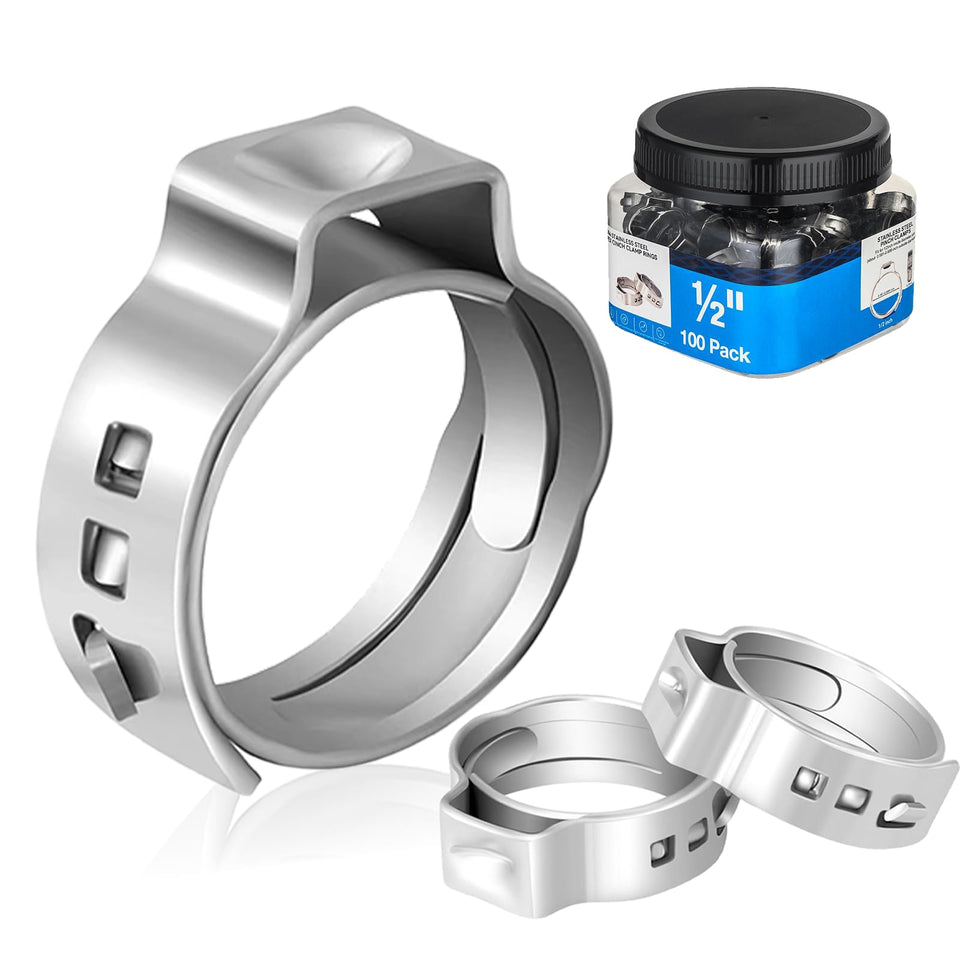 HeSun PEX clamp ring 1/2 inch closeup highlighting durable stainless steel construction.