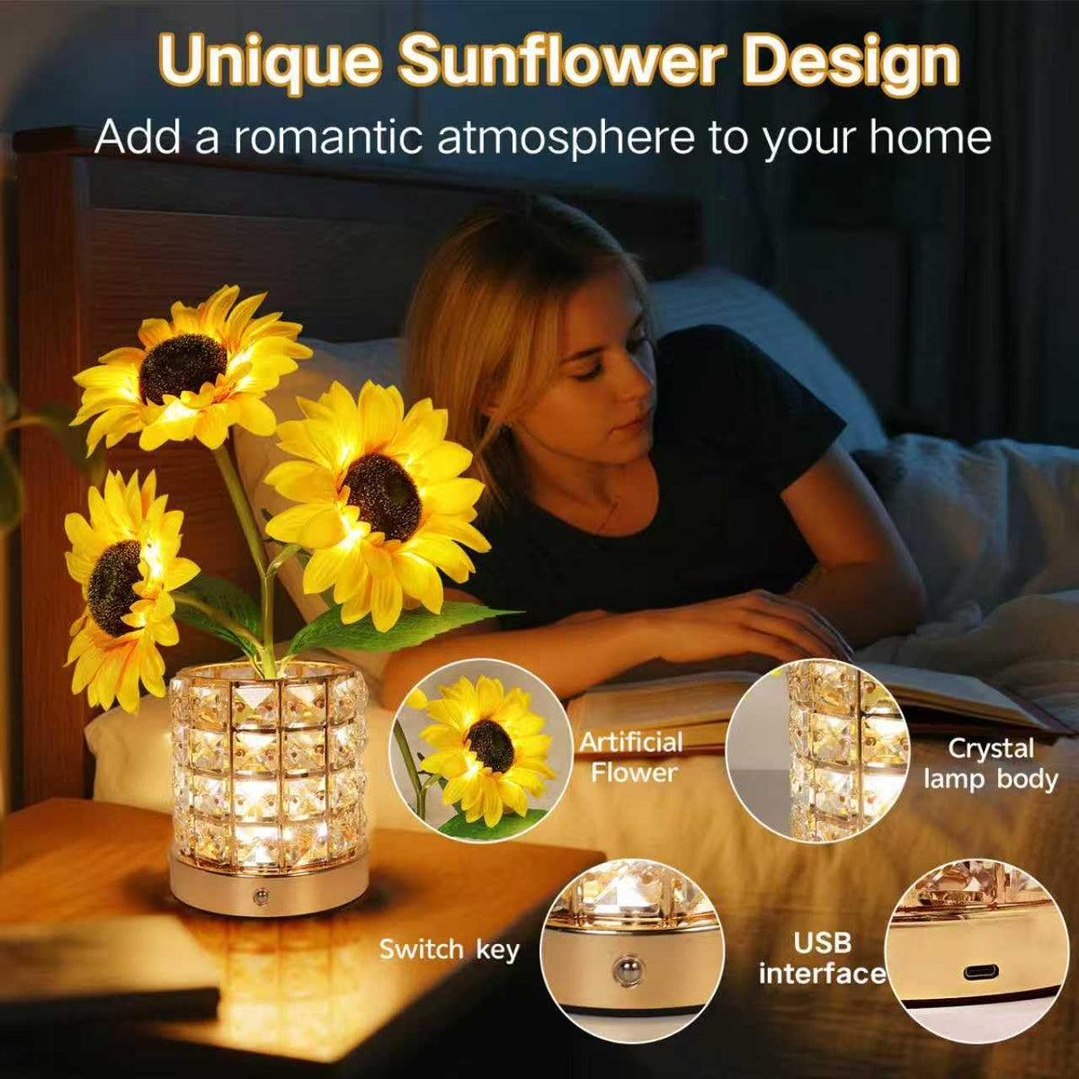 HESUSLA Sunflowers Lamp stepless dimming for precise brightness.