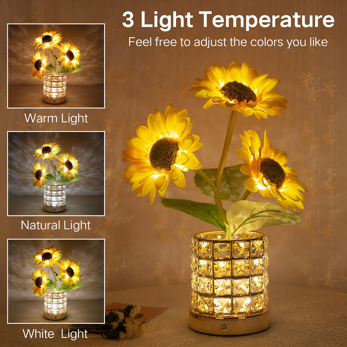 HESUSLA Sunflowers Lamp USB rechargeable and portable for bedroom or office.