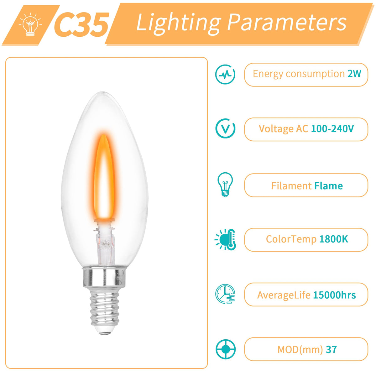 Flame-tip filament closeup shows a realistic candle-like flicker.