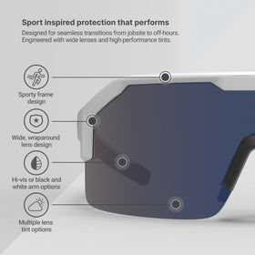 HexArmor Shockwave blue mirror safety glasses with durability coating visible on lenses.