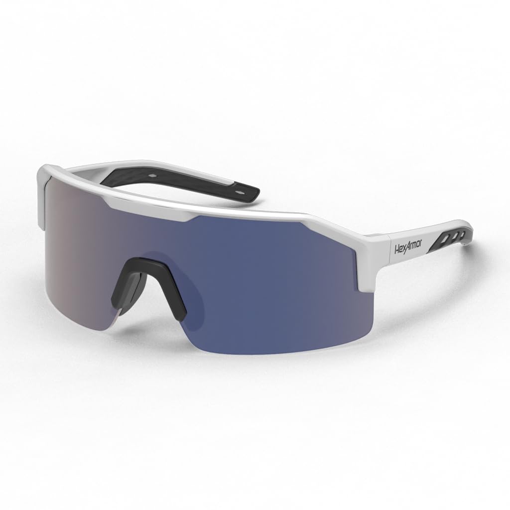 HexArmor Shockwave blue mirror safety glasses front view, sporty wraparound design with full UV protection.